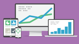 Website as a Service Business Paket Grafik von einem Desktop,
Notebook, Tablet und Smartphone mit Darstellung von Diagramen mit steigender Tendenz.