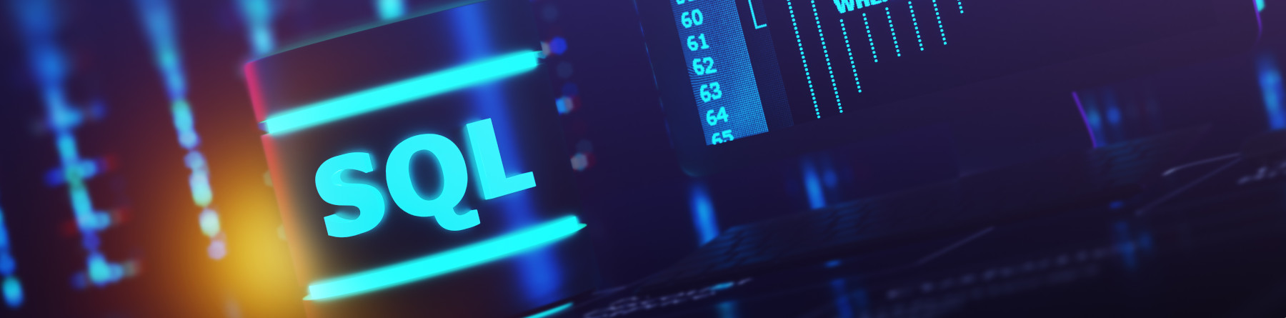 Titelbild Datenbankentwicklung, Höhe 445px SQL Datenbank, ein Terminal mit 
    geöffnetem Codeeditor, im Hintergrund Server. 1800_445px