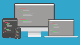 Website as a Service Premium Paket Grafik von einem Desktop, Notebook, Tablet und Smartphone mit Darstellung von Quellcode.